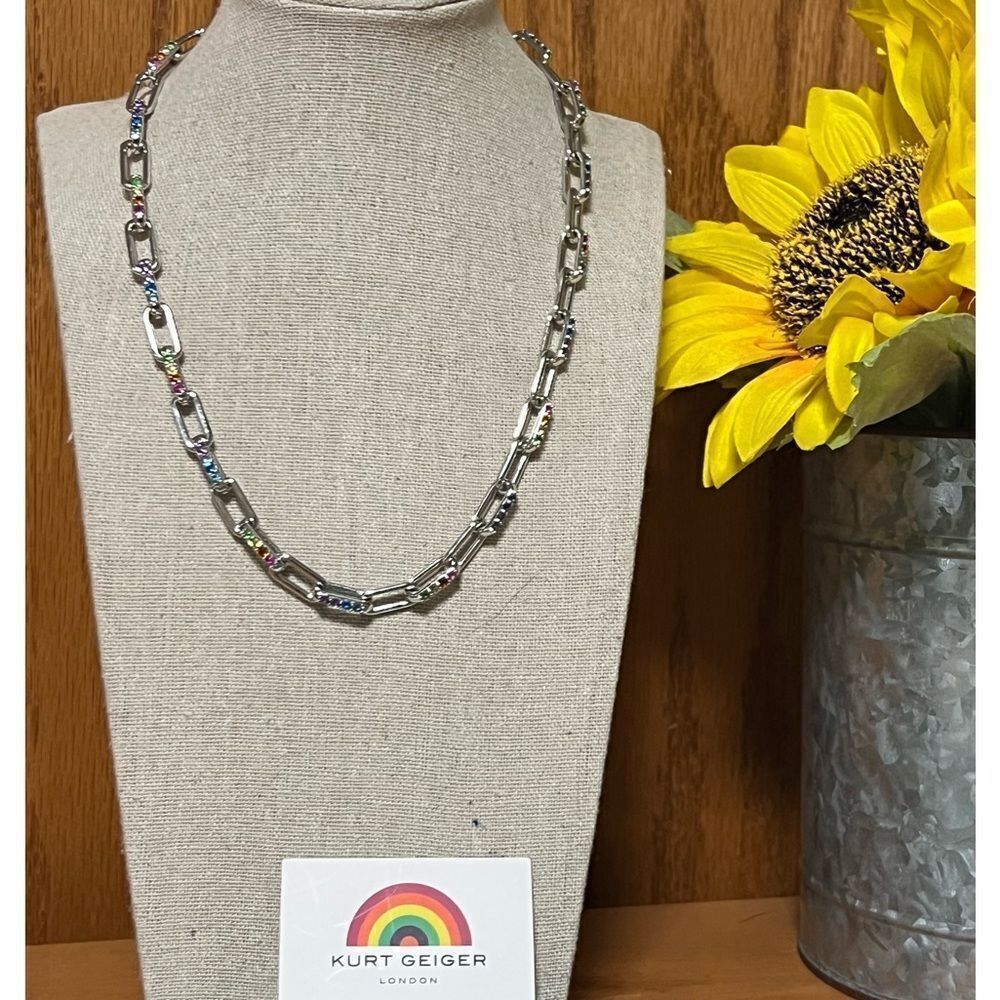 NWT KURT GEIGER Rainbow Pavé Paper Clip Chain Necklace #TSNK